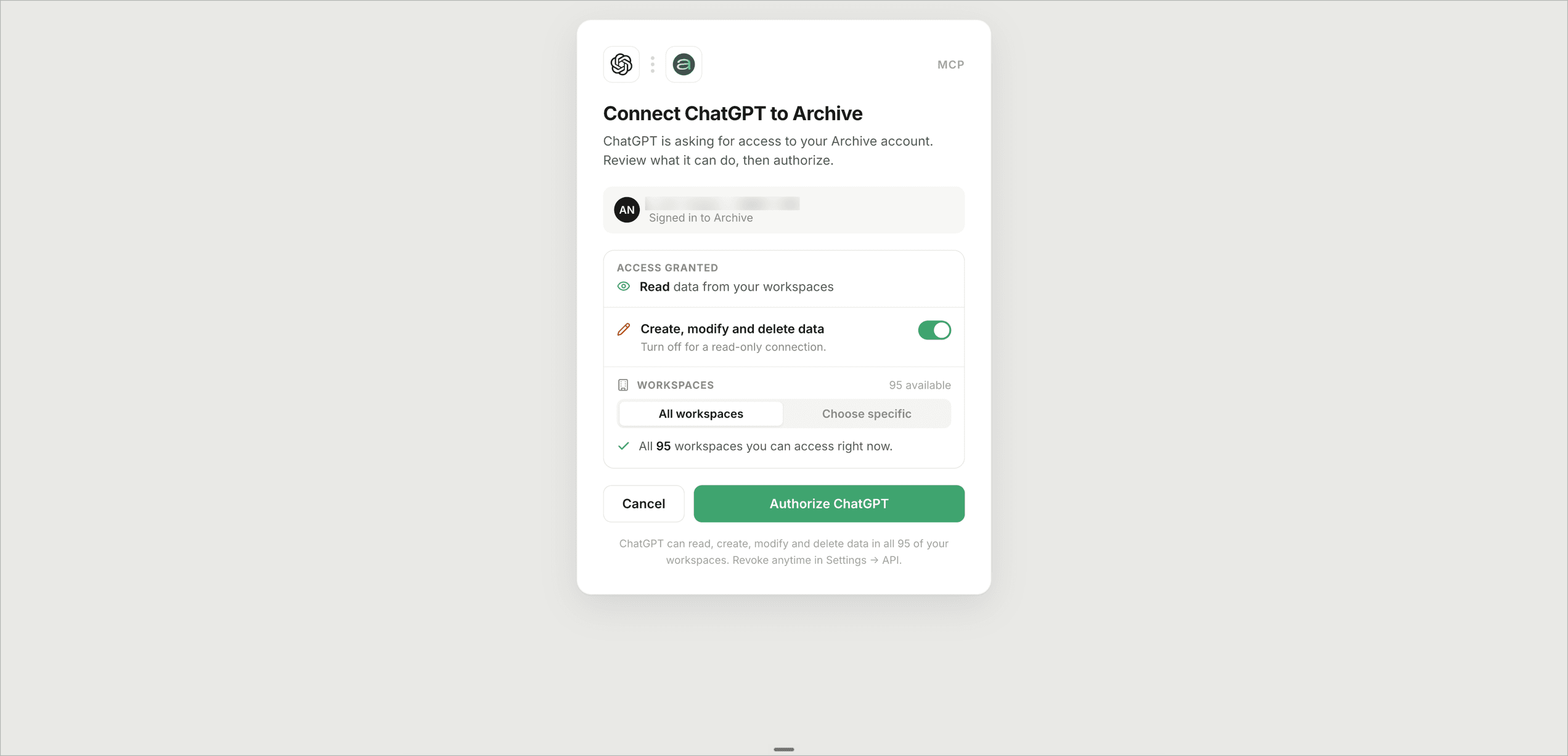 Archive's consent screen for ChatGPT — a Read scope, a Create/modify/delete toggle, and All workspaces vs. Choose specific
