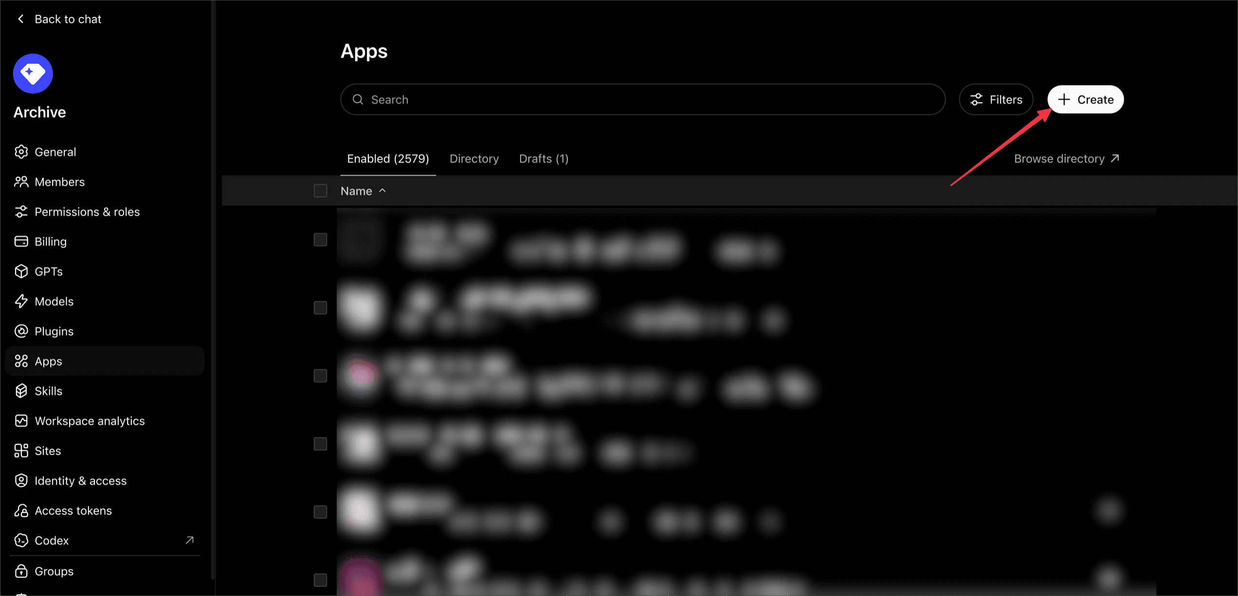 The ChatGPT workspace admin console, Apps section, with the Create button in the top right