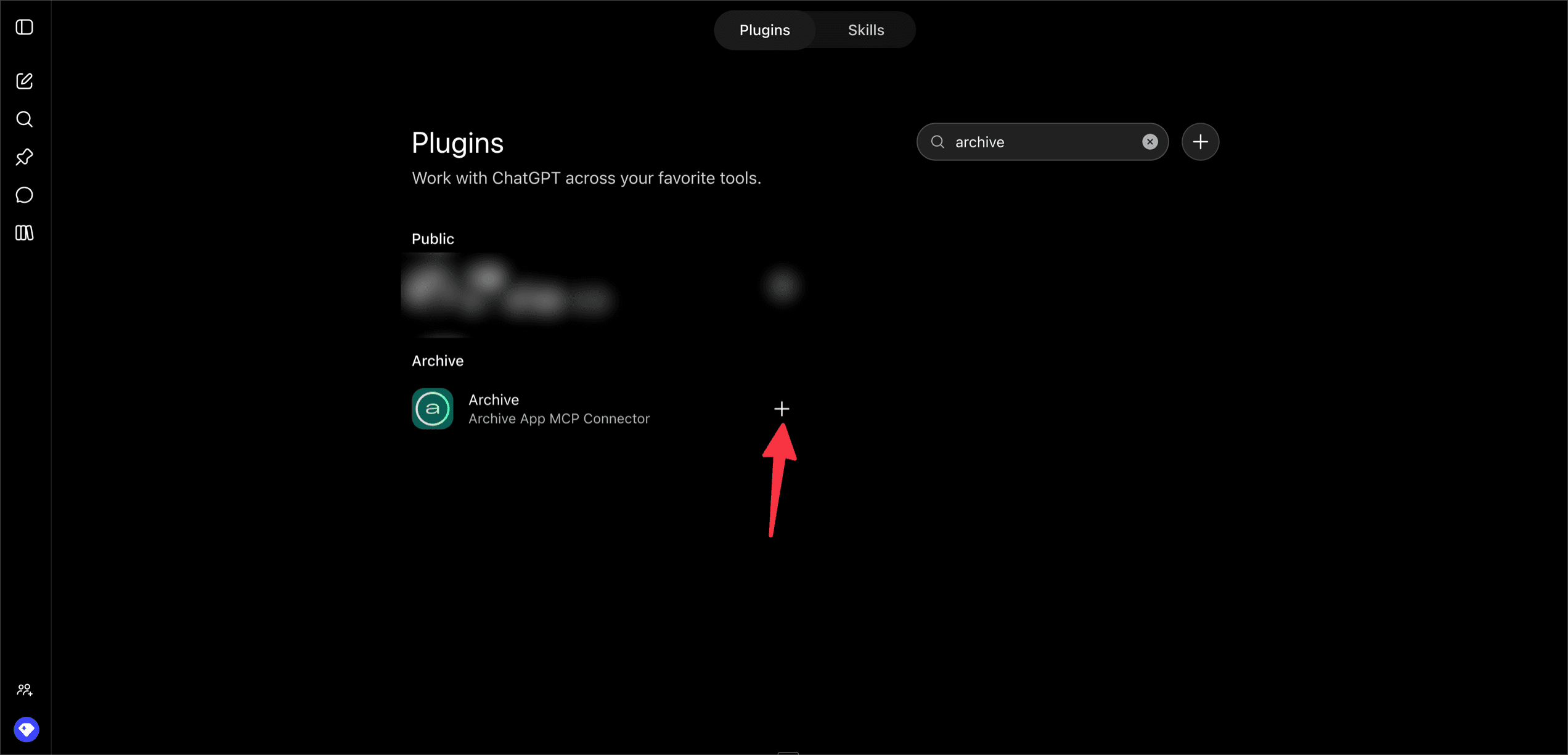 ChatGPT's Plugins browser searched for "archive", with an arrow pointing at the plus button next to the Archive App MCP Connector under the workspace's own section