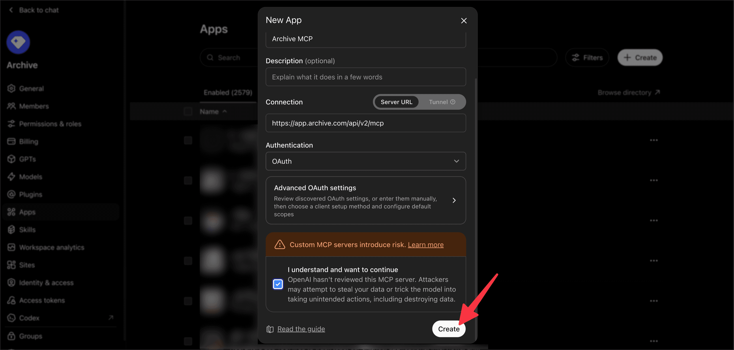 ChatGPT's New App dialog filled in for Archive — name, Server URL connection type, the Archive MCP endpoint, OAuth authentication, and the risk acknowledgement checkbox