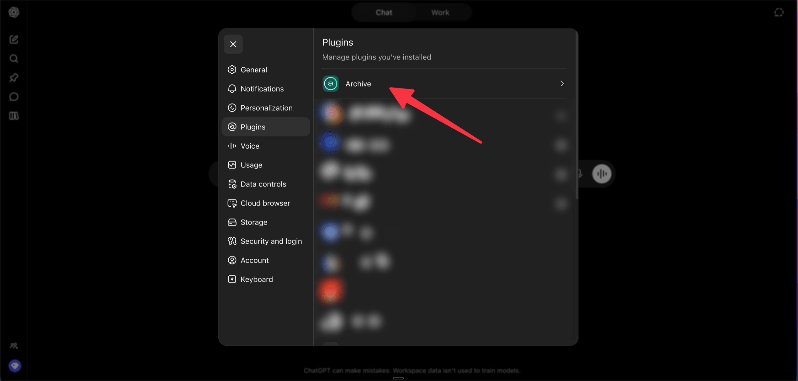 ChatGPT's Settings → Plugins panel for a workspace member, with Archive listed among the installed plugins