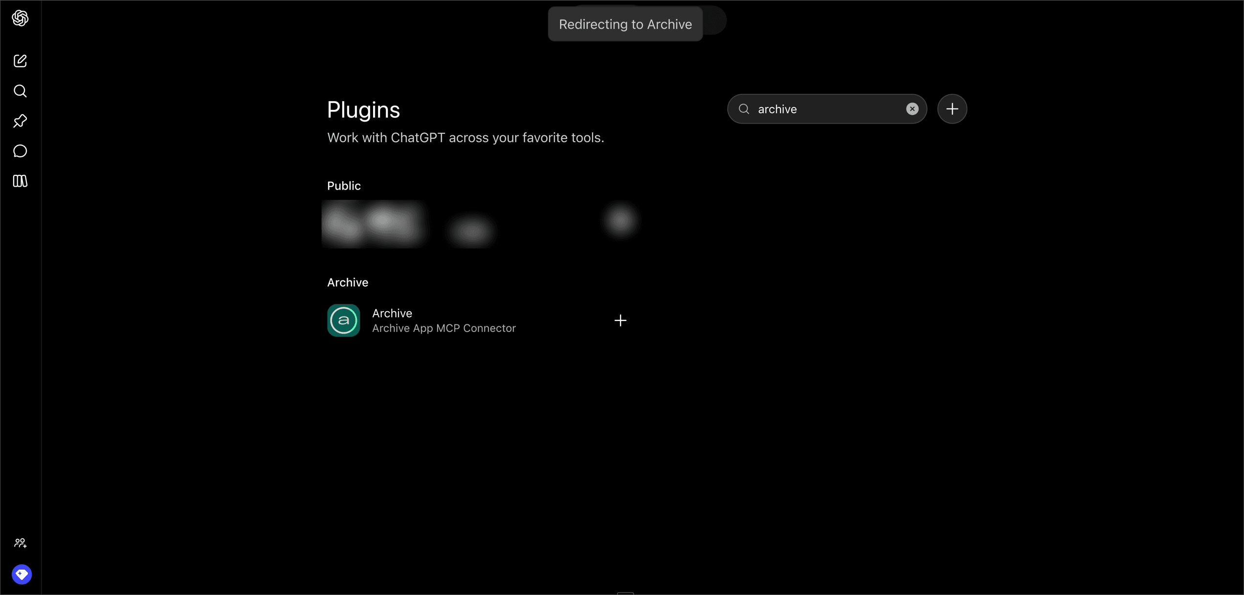 ChatGPT's Plugins page with a "Redirecting to Archive" toast at the top after clicking the plus button