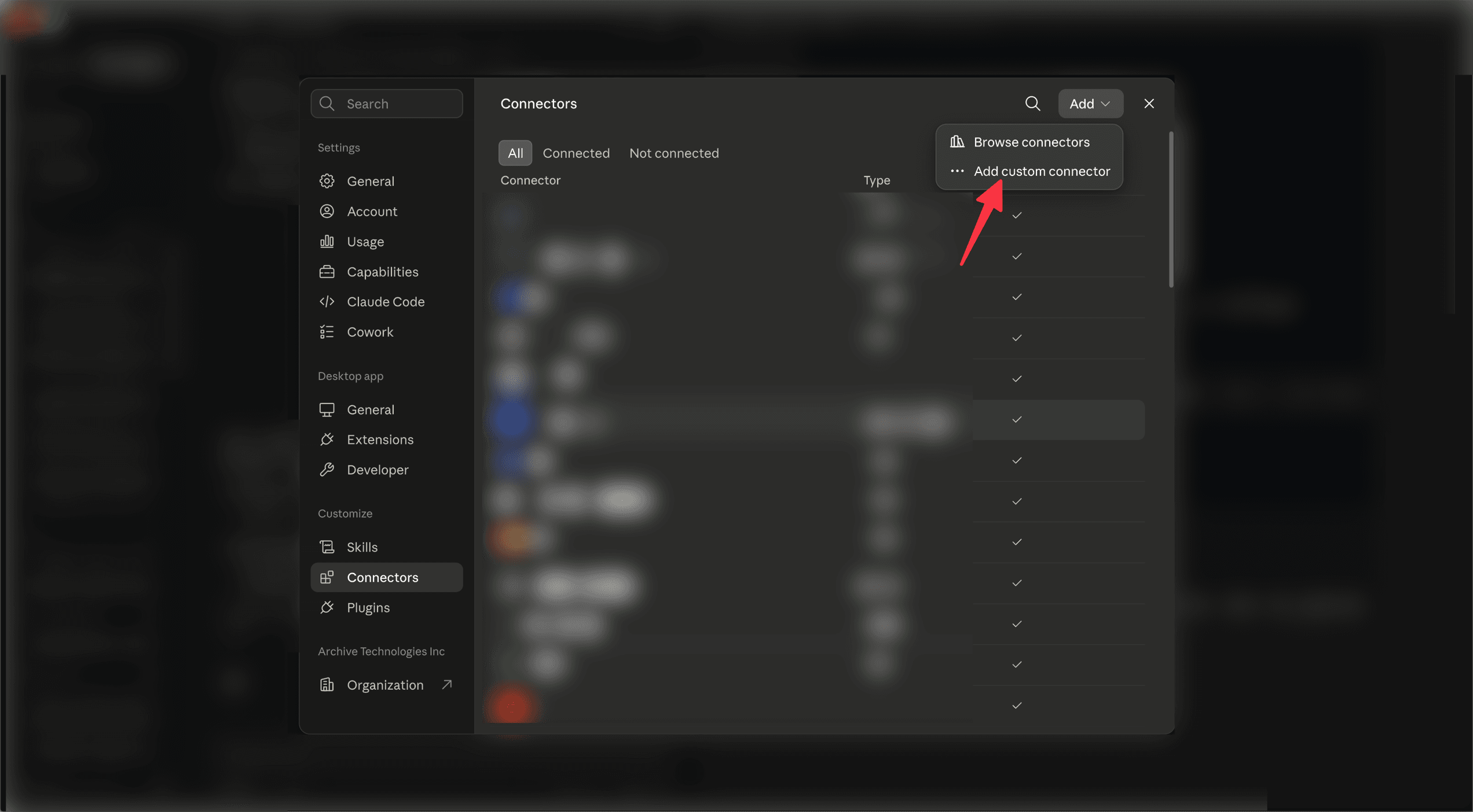 Claude's Connectors settings with the Add menu open, showing Browse connectors and Add custom connector