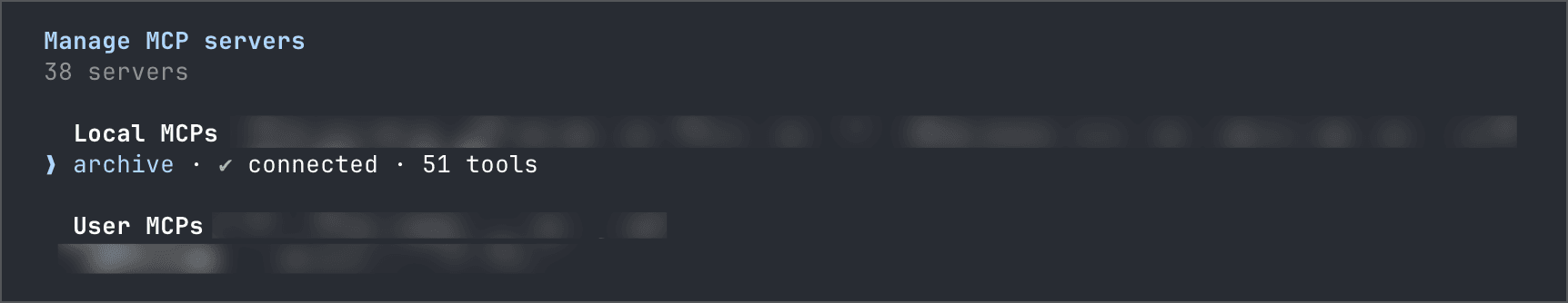 A client's MCP server list showing the archive config-file server connected with 51 tools