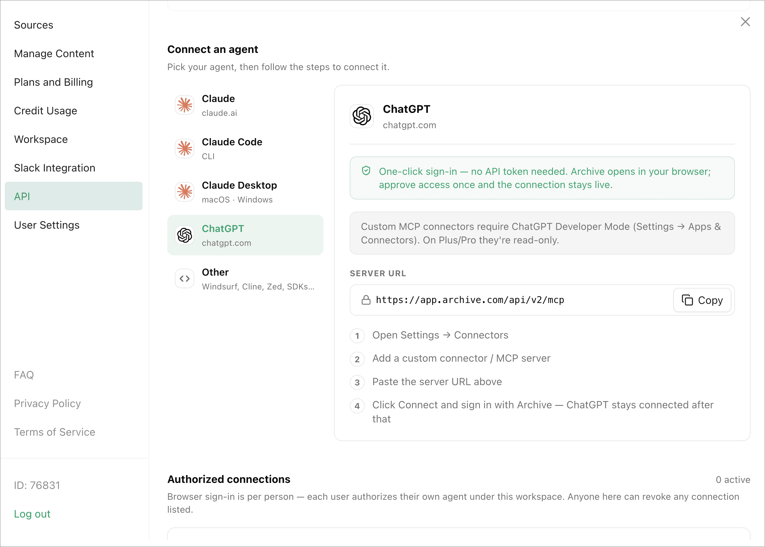 Archive's Connect an agent screen for ChatGPT
