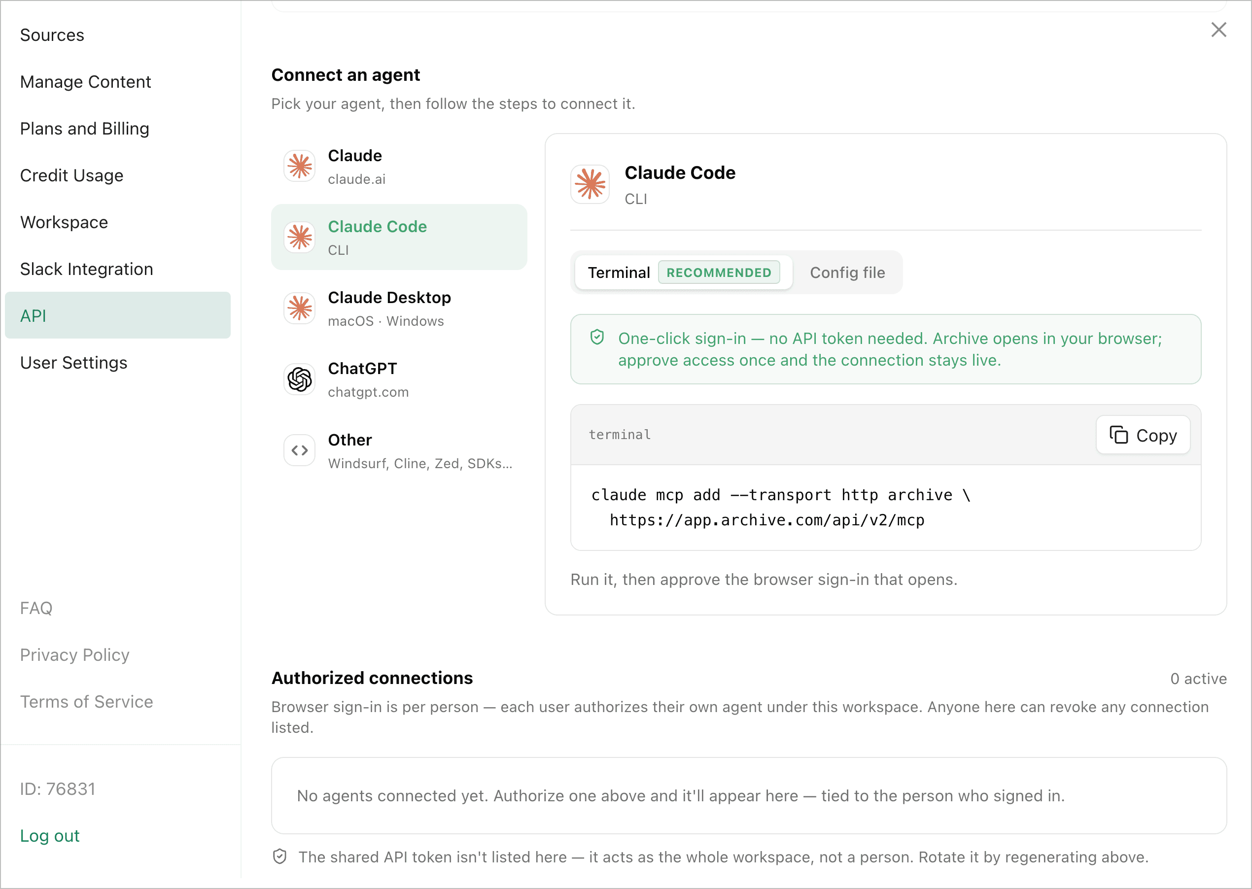 Archive's Connect an agent screen for Claude Code — the claude mcp add terminal command