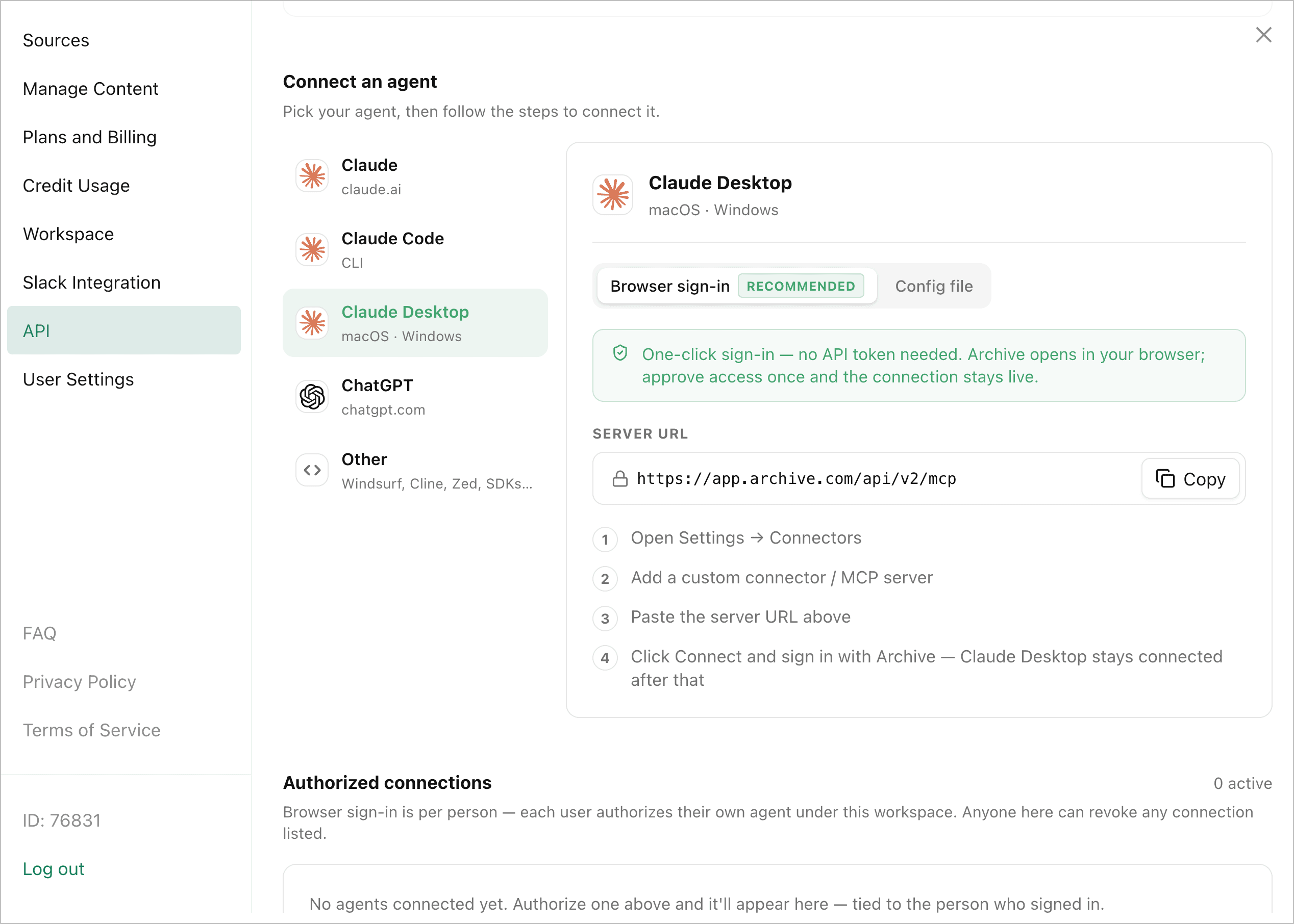 Archive's Connect an agent screen for Claude Desktop — browser sign-in recommended