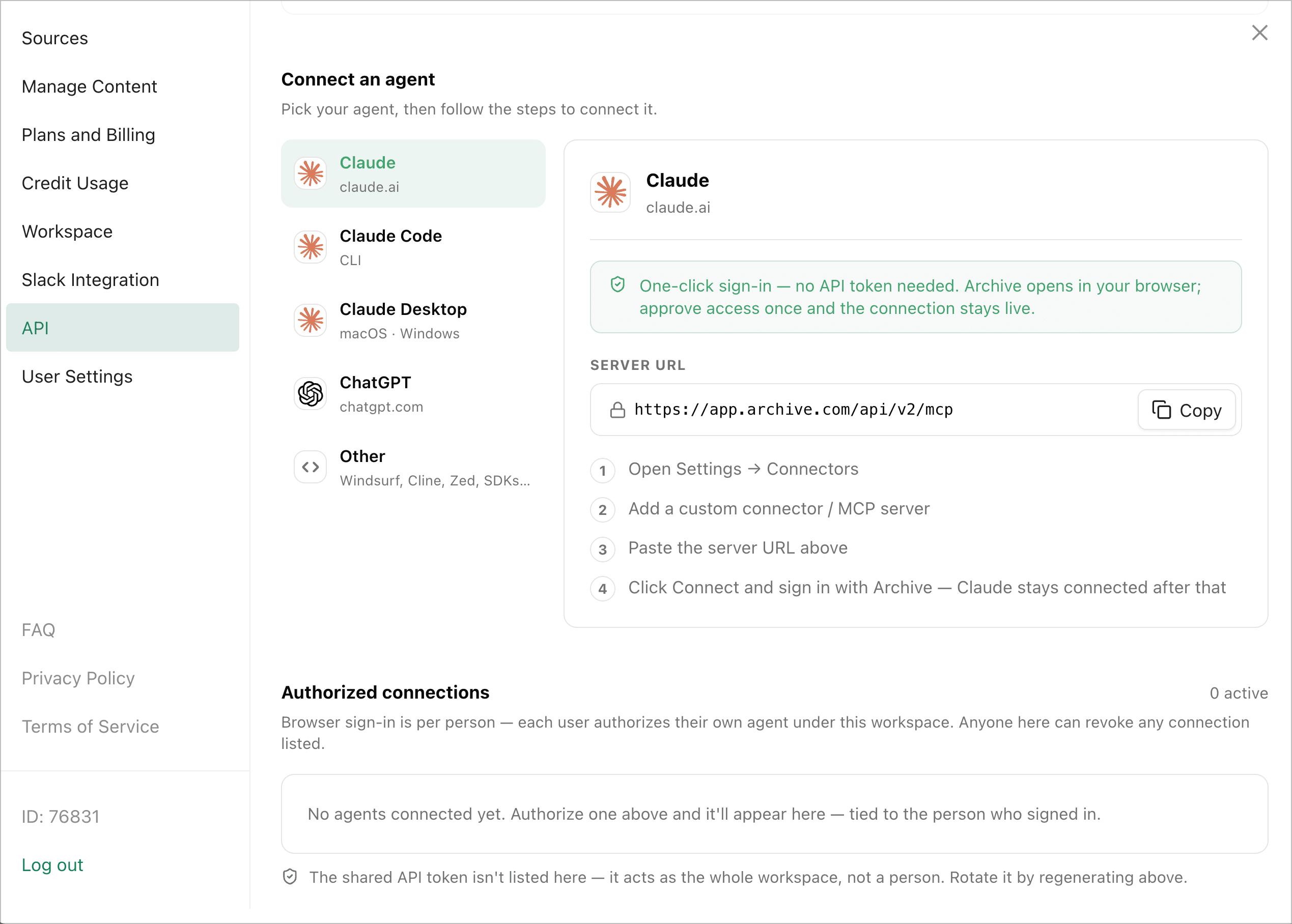 Archive's Connect an agent screen for Claude on claude.ai — one-click browser sign-in