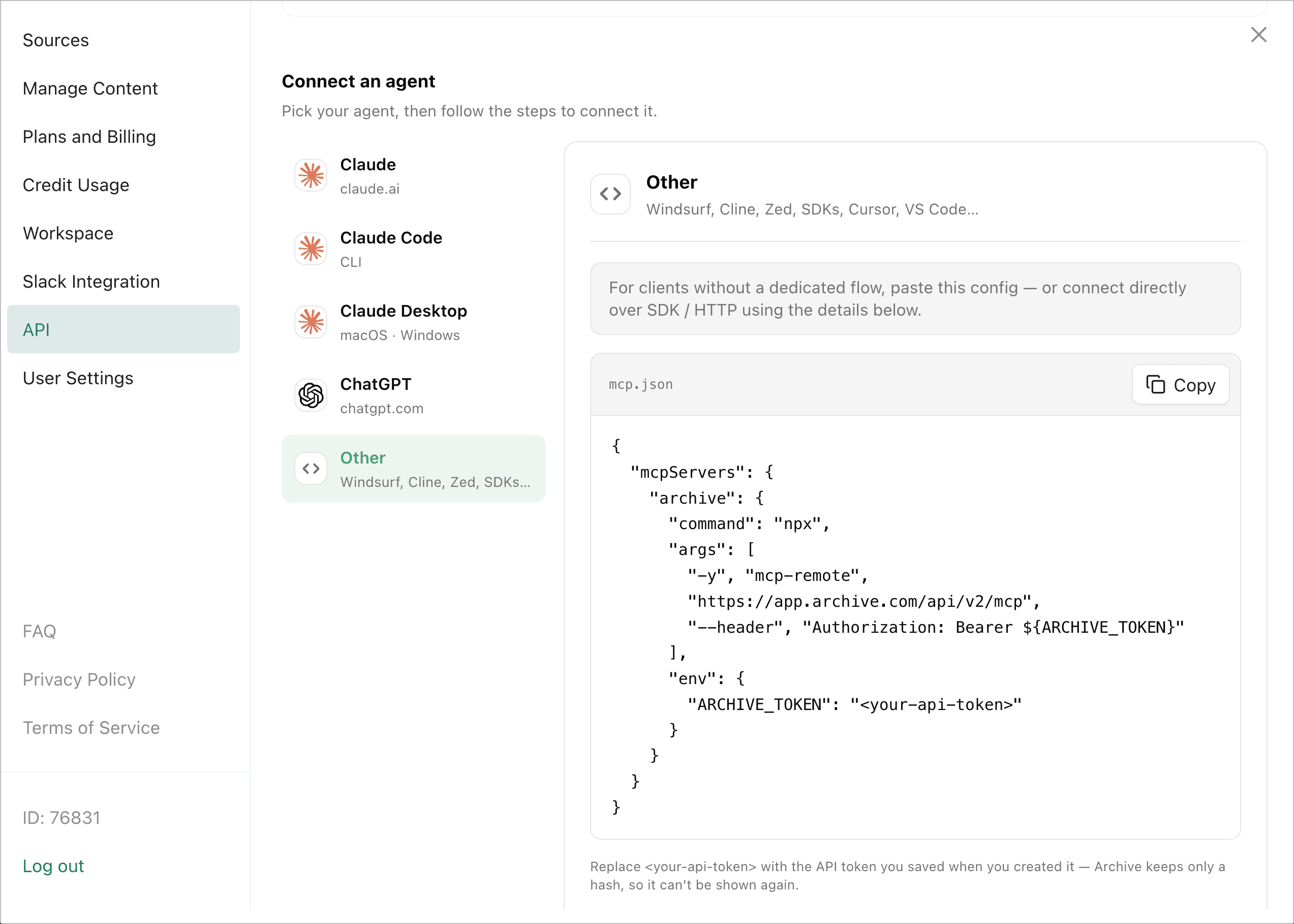 Archive's Connect an agent screen for Other clients — the mcp.json config with mcp-remote