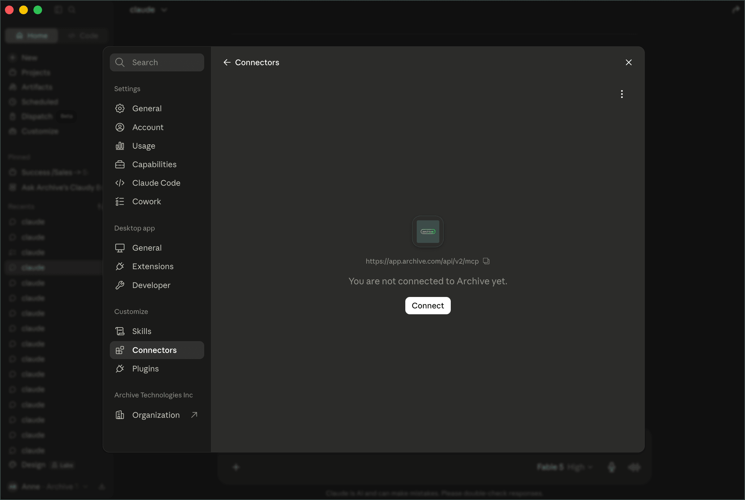 Claude's Connectors settings showing Archive not yet connected, with a Connect button