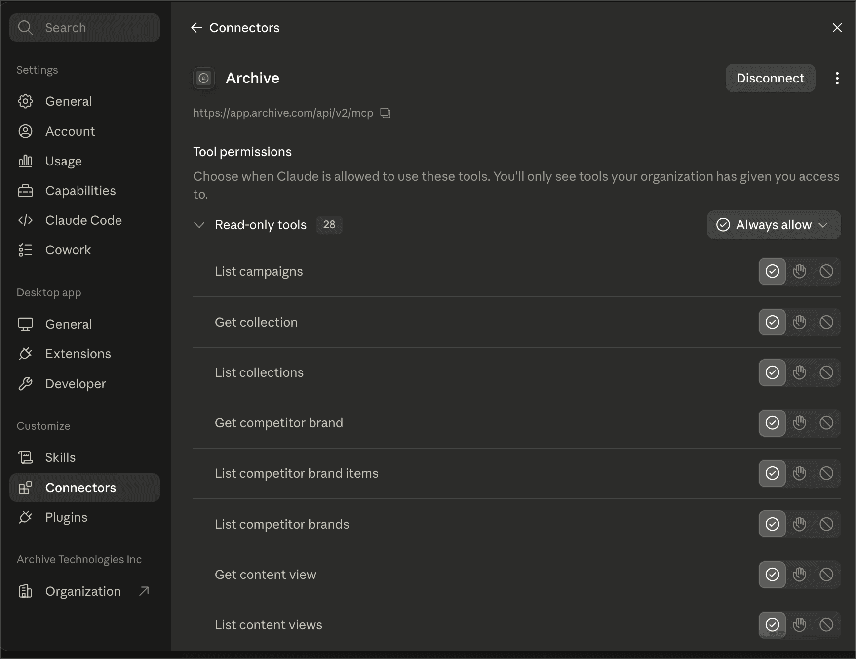 Claude's Archive connector tool-permissions screen — read-only tools listed with per-group permission controls