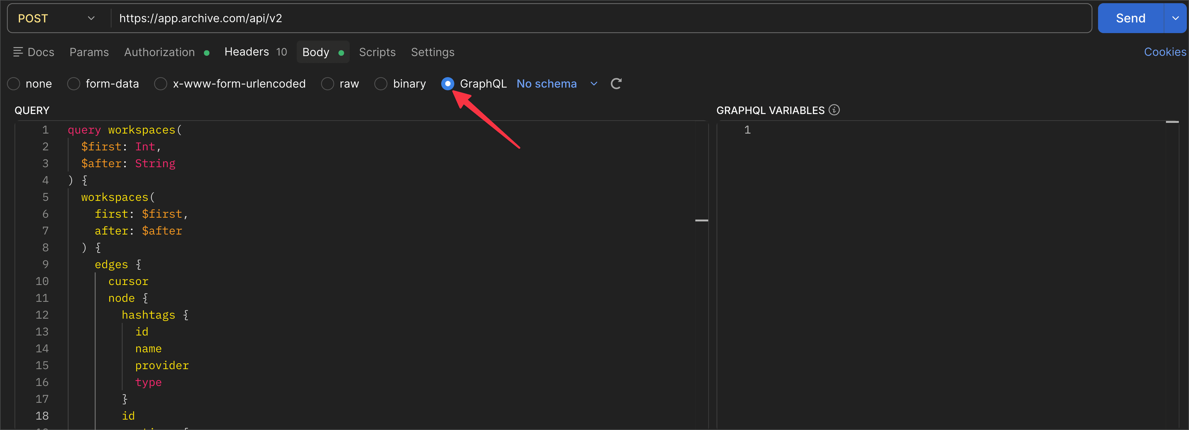 API client — Body set to GraphQL