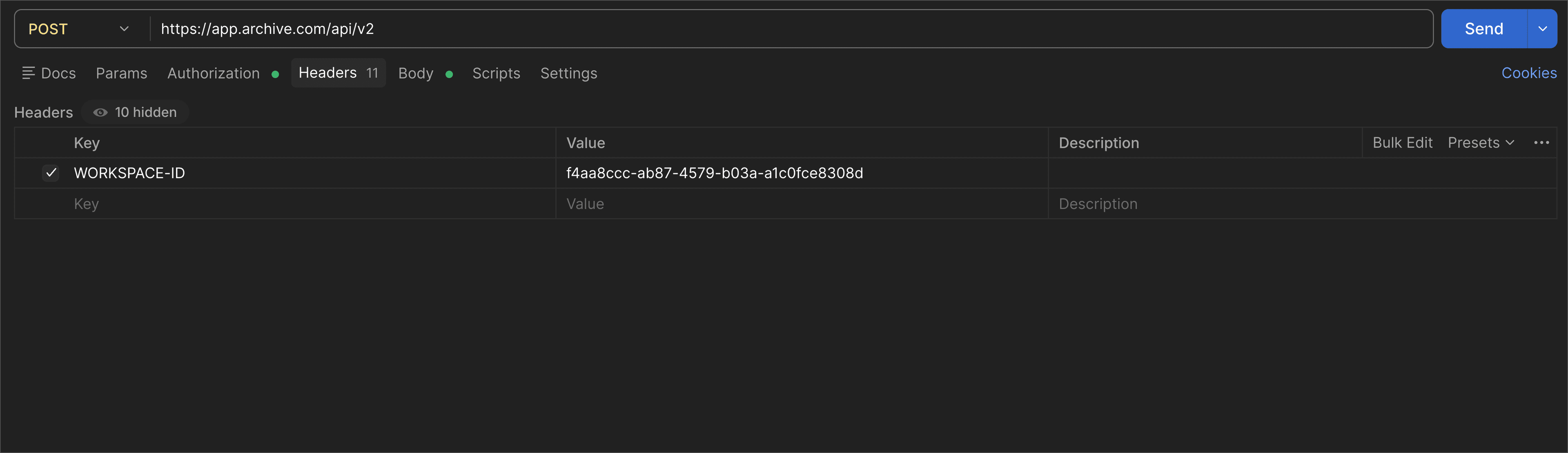 API client — WORKSPACE-ID header